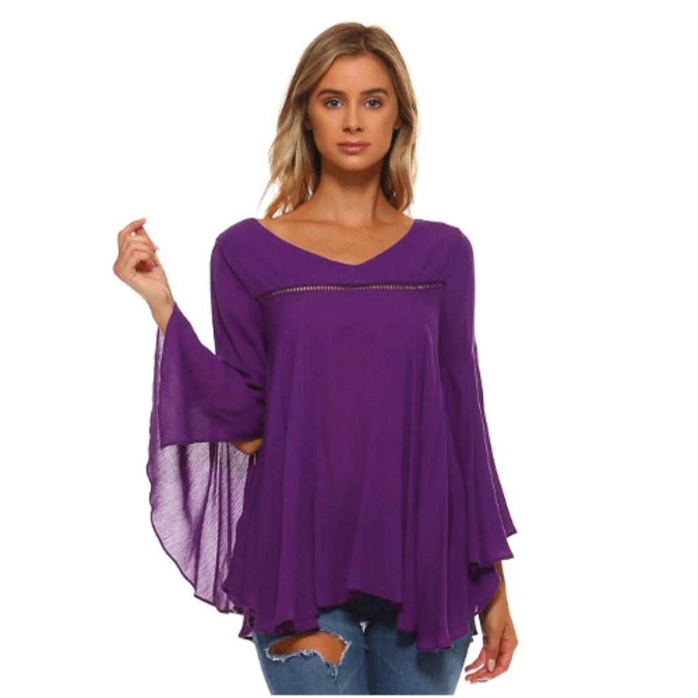 Solid Bell Sleeve Top Purple Relaxed Fit
